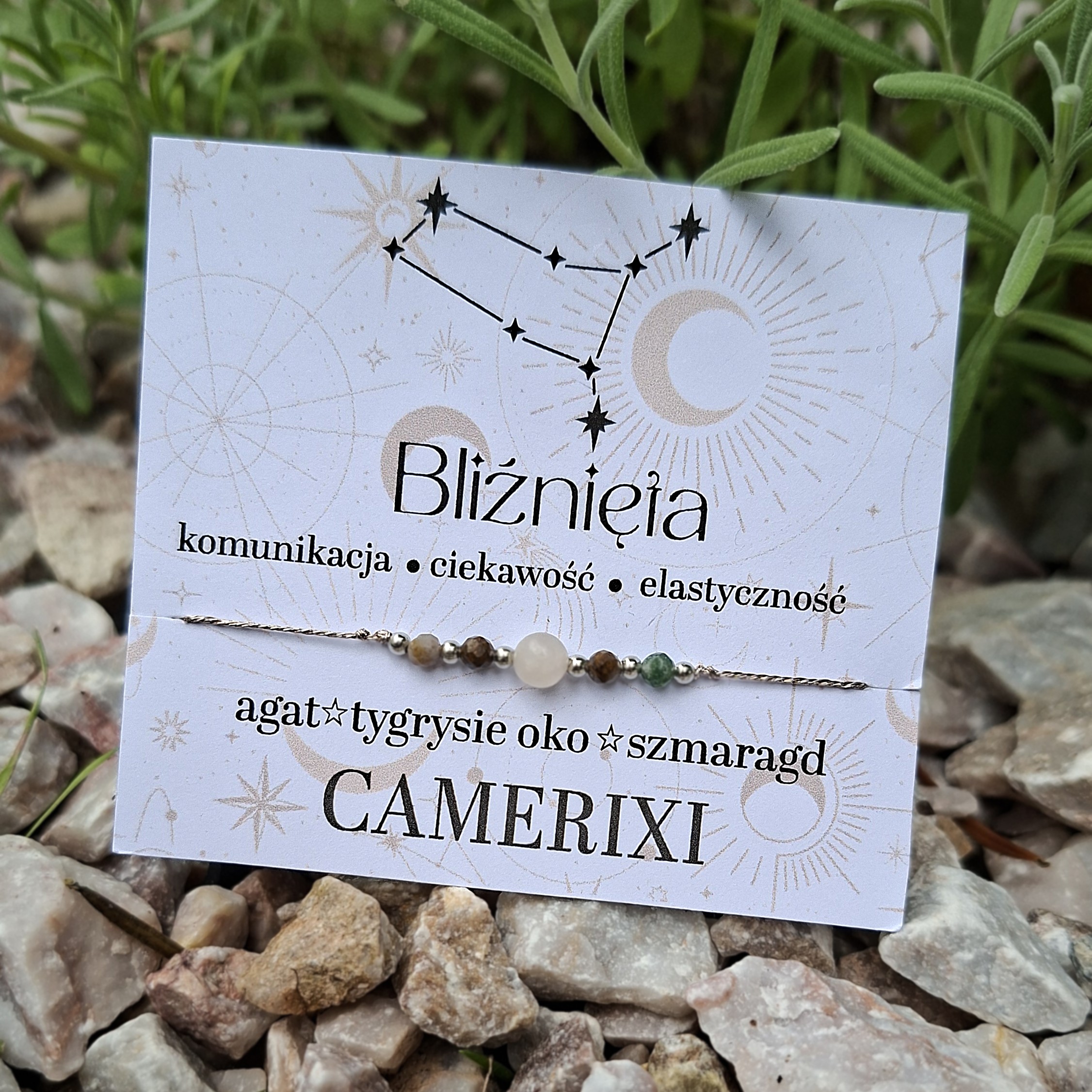 BLIŹNIĘTA Bransoletka ZODIAK - agat tygrysie oko szmaragd
