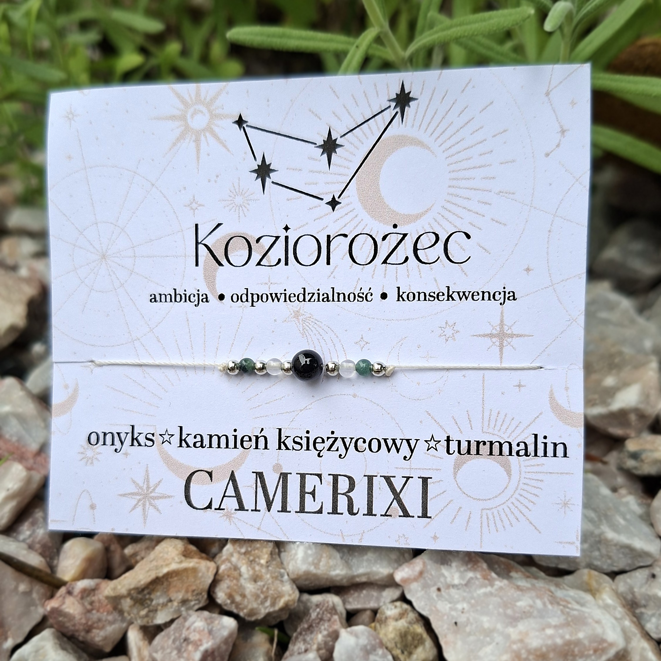 KOZIOROŻEC Bransoletka ZODIAK - onyks kamień księżycowy czarny turmalin